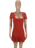 Red Square Collar Puff Short Sleeve Bodycon Mini Pleated Dress
