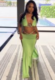 Plus Size Green Cami Halter O-Ring Cut Out SLit Maxi Dress