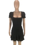 Black Square Collar Puff Short Sleeve Bodycon Mini Pleated Dress