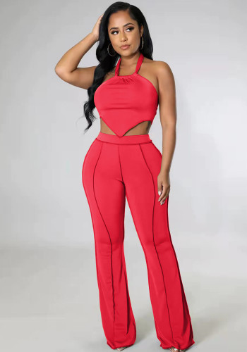 Pink Halter Sleeveless Irregular Crop Top and High Waist Pants 2PCS Set