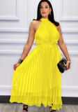 Yellow Midi Neck Sleeveless A-Line Maxi Pleated Dress