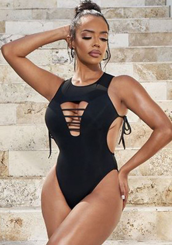 Plus Size Black O-Neck Hollow Out High Cut One Piece Swimwear