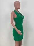 Green V-Neck Sleeveless Snap Button Mini Slinky Dress