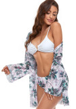 Floral Print White Cami Bikini and Long Cardigan Swimwear 3PCS Set