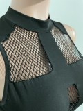 Black Midi Neck Sleeveless Patchwork Hollow Out Bodycon Maxi Dress