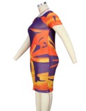Plus Size Print Purple Mesh O-Neck Short Sleeves Slim Fit Midi Dress