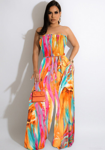 Tie Dye Print Strapless Sleeveless Elasticated Wide Leg Jumpsuit with Belt