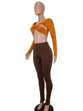 Orange V-Neck Long Sleeves Crop Top and Brown Pants 2PCS Set