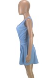 Blue V-Neck Sleeveless Crop Top and High Waist Pleated Shorts 2PCS Set