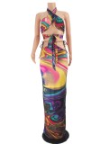 Print Cut Out Halter Sleeveless Crop Top and High Waist Maxi Skirt 2PCS Set