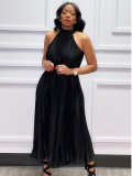 Black Midi Neck Sleeveless A-Line Maxi Pleated Dress