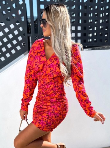Floral Print Orange V-Neck Long Sleeves Mini Slinky Dress