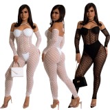 White Mesh See Through Cami Halter Wrist Sleeves Tight Jumpsuit
