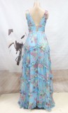 Floral Print Blue V-Neck Sleeveless Ruffle Loose Maxi Dress