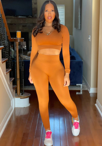 Orange Long Sleeves Crop Top and High Waist Bodycon Pants 2PCS Set