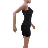 Black Sequin Square Neck Sleeveless Mini Vest Dress