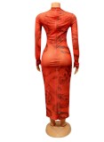 Print Red Chiffon O-Neck Long Sleeves Long Dress