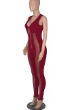 Red Mesh Patchwork V-Neck Sleeveless Zip Bodycon Jumpsuit