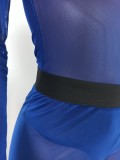 Blue Mesh O-Neck Long Sleeves Shirt and High Waist Shorts 2PCS Set