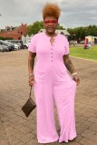 Plus Size Pink Button Up O-Neck Short Sleeves Loose Jumpsuit with Pocket