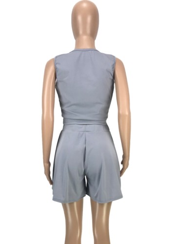 Grey V-Neck Sleeveless Crop Top and High Waist Pleated Shorts 2PCS Set
