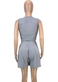 Grey V-Neck Sleeveless Crop Top and High Waist Pleated Shorts 2PCS Set