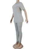 Grey O-Neck Short Sleeves Top and High Waist Fitted Pants 2PCS Set
