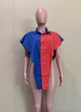Blue and Red Contrast Short Sleeves Button Irregular Long Blouse