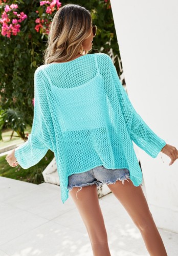 Blue Crochet Long Sleeves Loose Cover-Up with Pocket