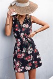 Floral Print Black V-Neck Sleeveless Zip Up A-line Mini Dress with Belt