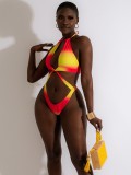Tie Dye Yellow Cami Halter Lace Up Bikini and Cover-Up Swimwear 3PCS Set