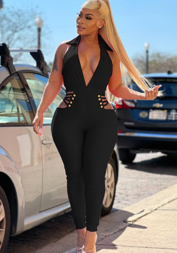 Black Deep-V Sleeveless Hollow Out Halter Bodycon Jumpsuit