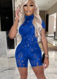 Blue Turtleneck Short Sleeves Hollow Out Slim Fit Rompers
