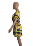 Plus Size Plaid Print Yellow O-Neck Short Sleeves Belted Mini Skater Dress