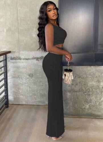 Black One Shoulder Sleeveless Crop Top and High Waist Slit Skirt 2PCS Set