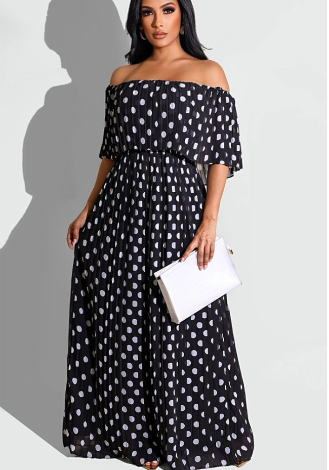 Dot Print Black Off Shoulder Short Sleeves Loose Maxi Dress