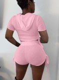Pink Short Sleeve Hoody Top and High Waist Tight Shorts 2PCS Set