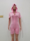 Pink Short Sleeves Button Up Hoody Bodycon Rompers
