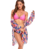 Floral Print Pink Cami Bikini and Long Cardigan Swimwear 3PCS Set