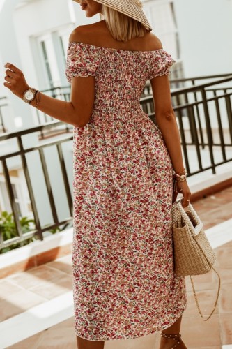Floral Print Off Shoulder Short Sleeves A-Line Long Dress