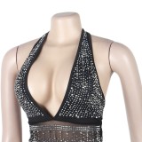 Black Rhinestone V-Neck Halter Sleeveless Bodycon Maxi Dress