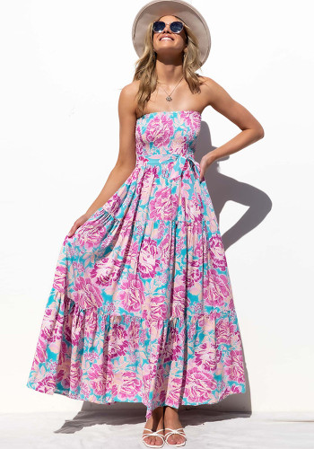 Floral Print Blue Strapless Sleeveless Elasticated Loose Maxi Dress with Belt