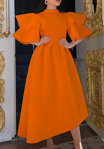Orange Midi Neck Half Sleeves Ruffle Long Skater Dress