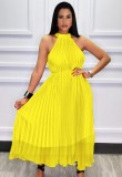 Yellow Midi Neck Sleeveless A-Line Maxi Pleated Dress