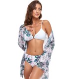 Floral Print White Cami Bikini and Long Cardigan Swimwear 3PCS Set