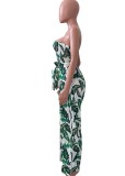 Green Leaf Print White Strapless Elasticated Jumpsuit with Belt