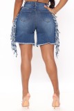 Blue High Waist Zip Fly Fringe Jeans Shorts with Pocket
