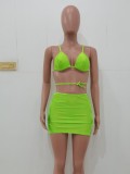 Green Cami Bikini and Hollow Out Mini Skirt 3PCS Swimwear
