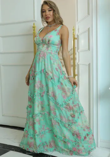 Floral Print Green V-Neck Sleeveless Ruffle Loose Maxi Dress