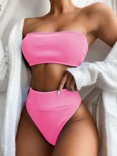 Hot Pink Strapless High Waist Bikini Two Piece Set